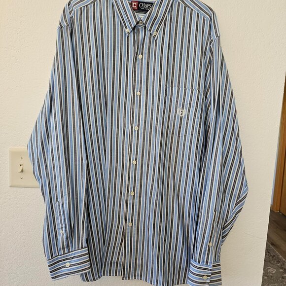 CHAPS Men's XXL Shirt Blue and Gray Striped Button Down Long Sleeves - Picture 2 of 5